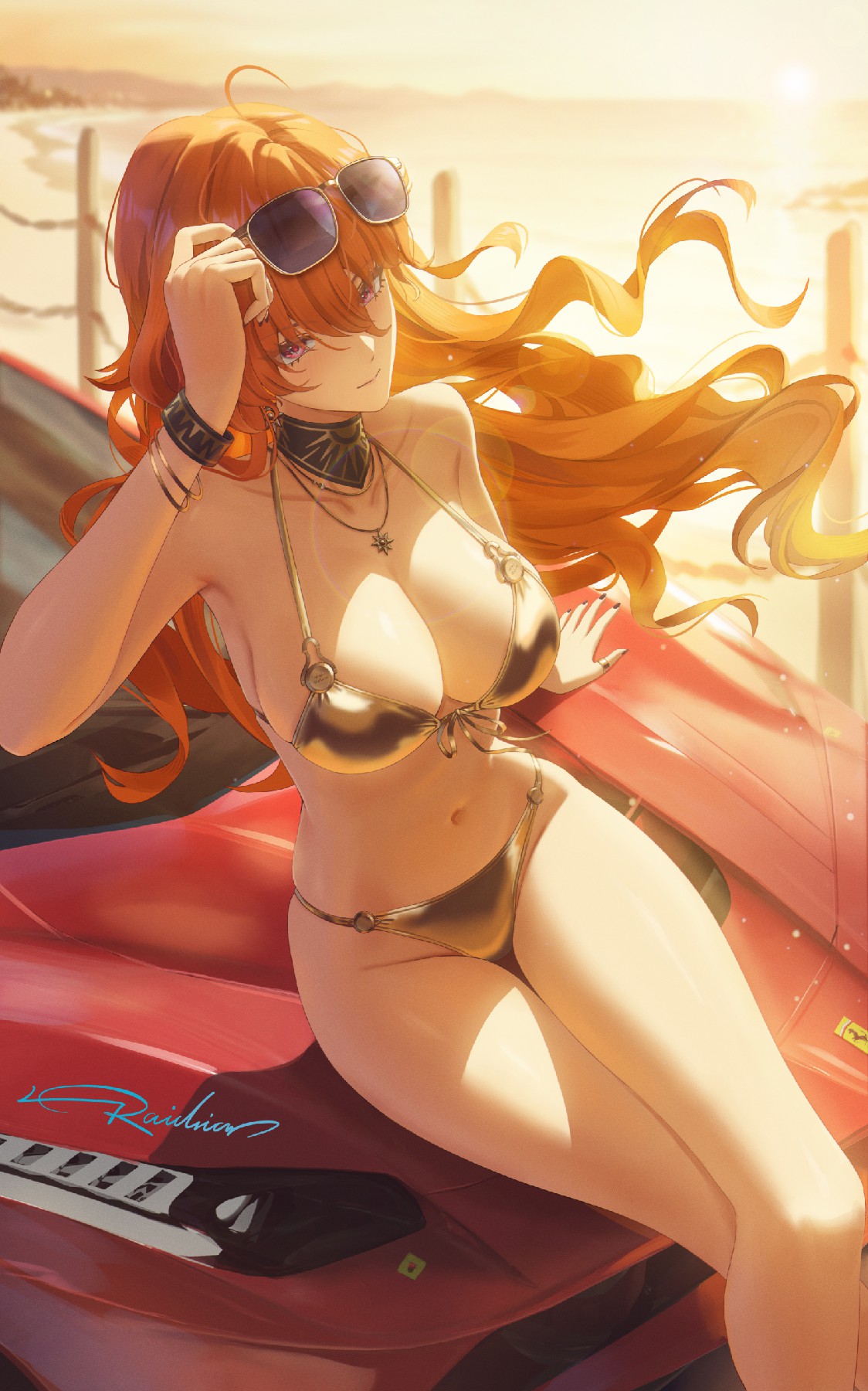 金色比基尼与红色跑车的海边风情