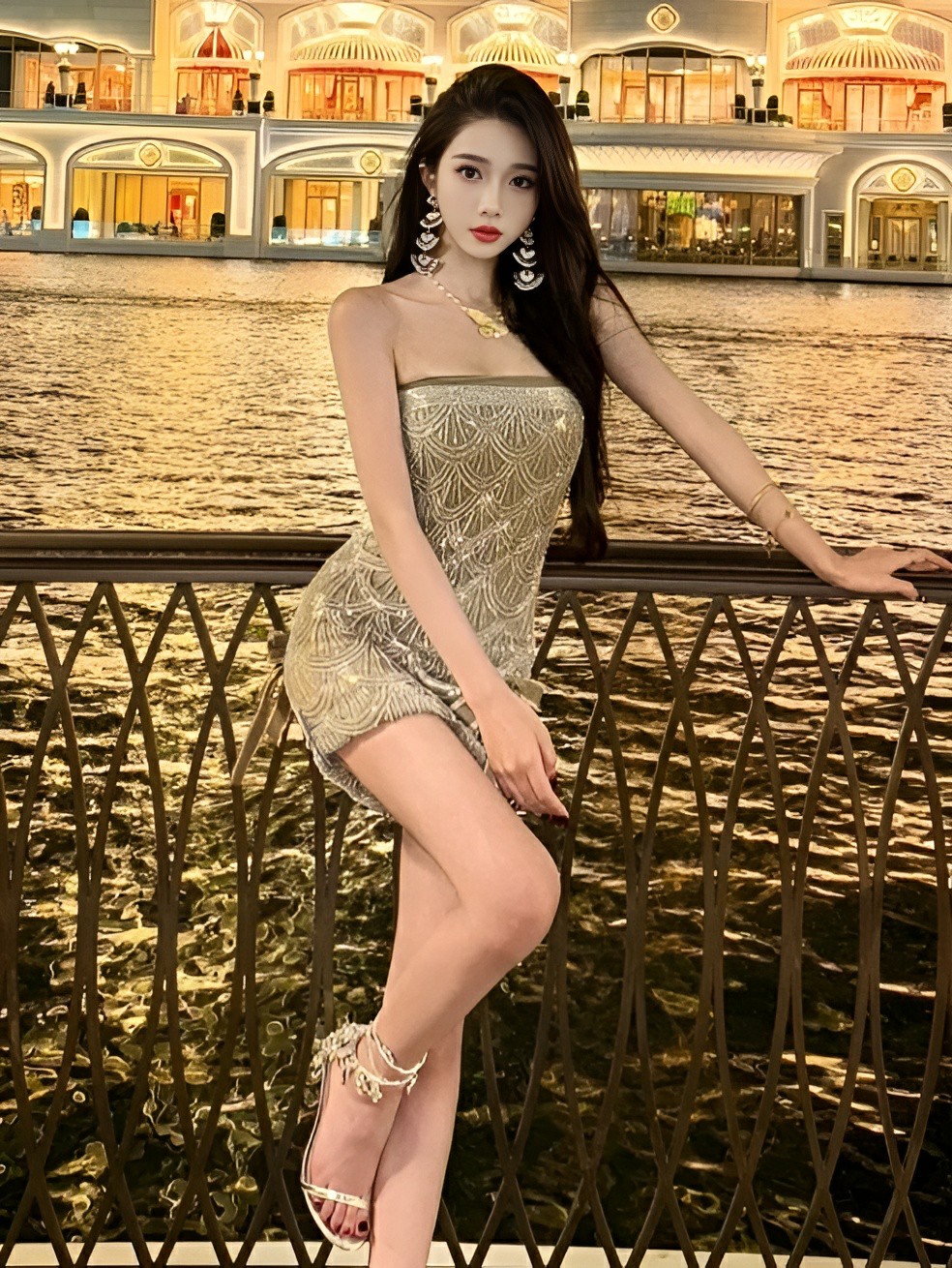 夜色水岸旁,鎏金抹胸裙尽显精致氛围感