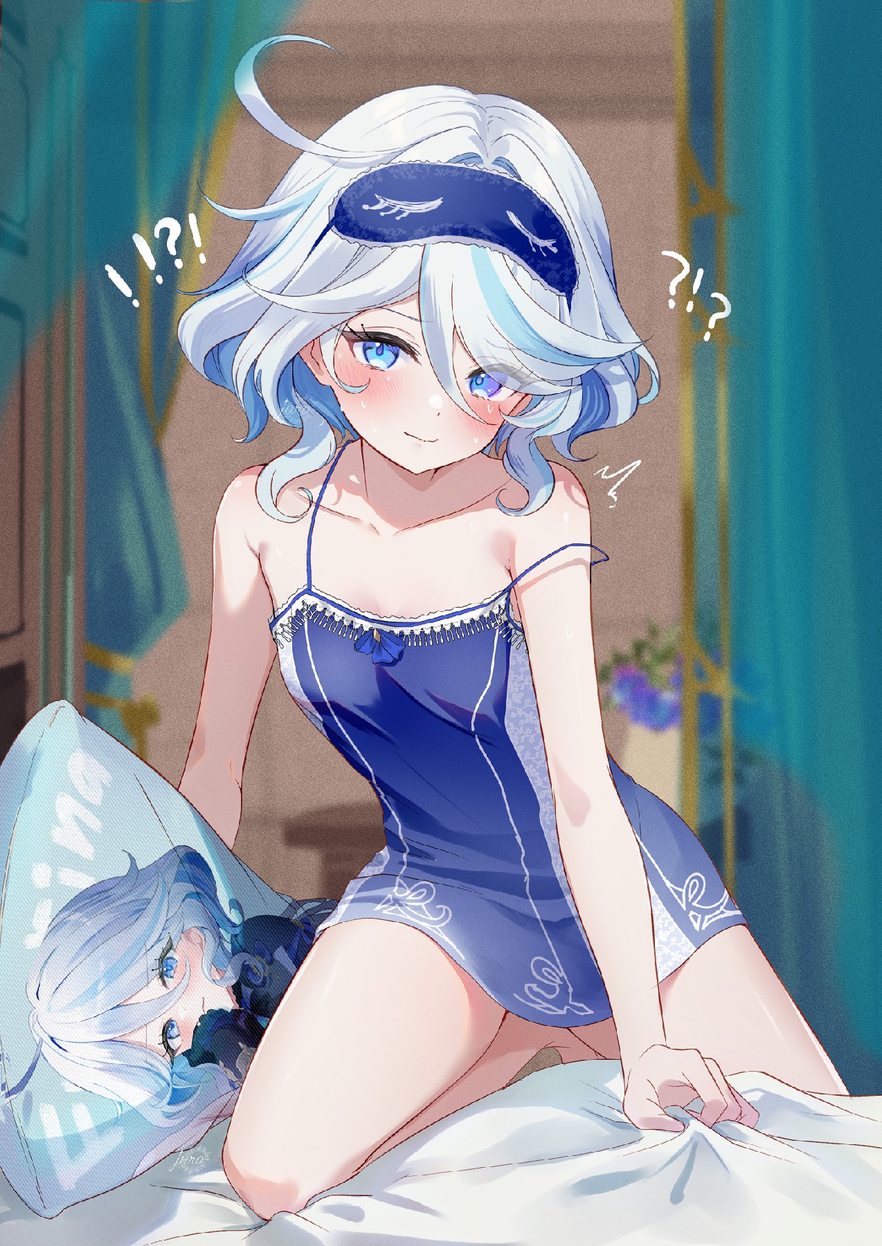 梦幻蓝发少女的慵懒瞬间