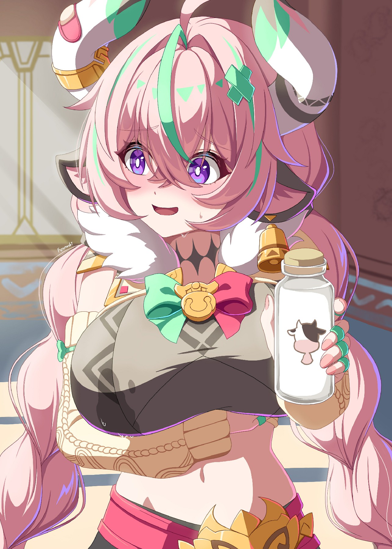 茜特菈莉羞捧牛乳，泛红脸颊尽显软萌娇态