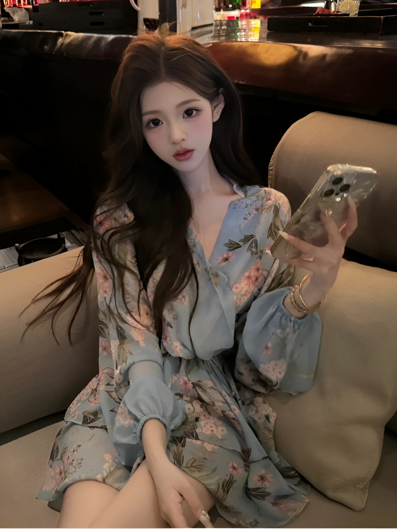 浅蓝色碎花裙自拍,室内慵懒氛围感拉满