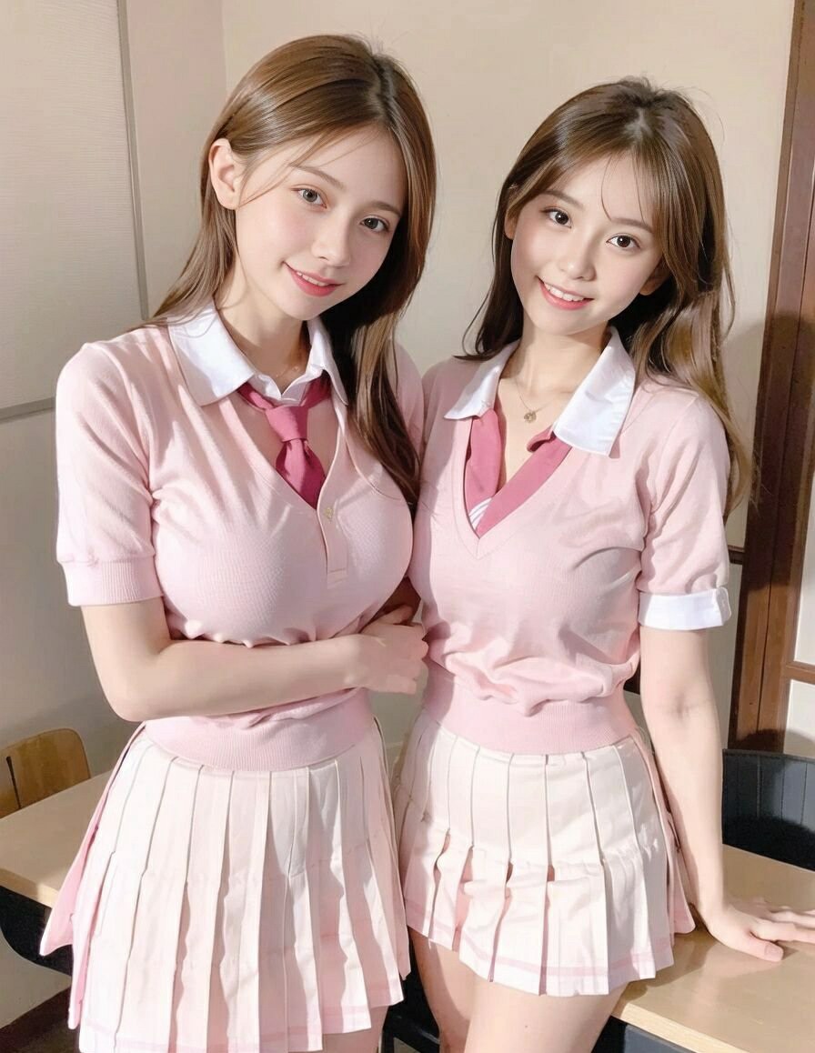 粉色学院风双子少女 清甜校园氛围感拉满