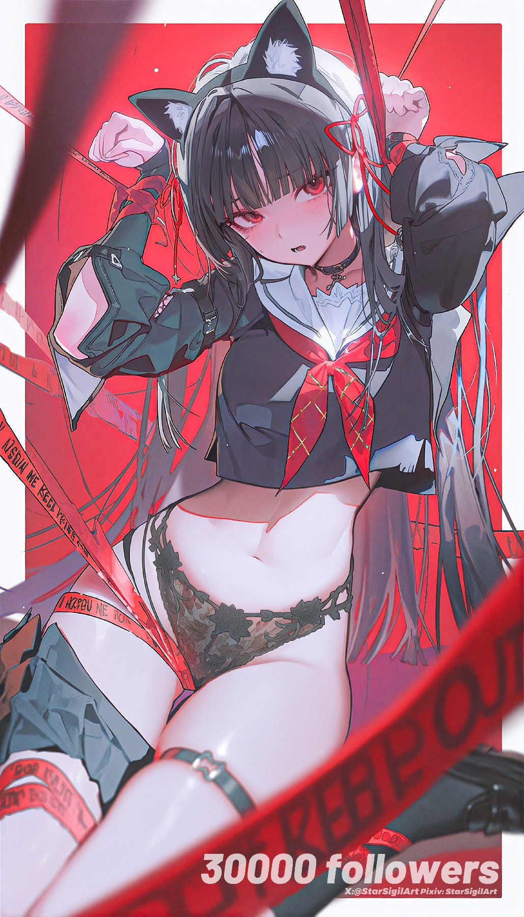 黑发红眼猫耳少女 红调酷感画面张力拉满