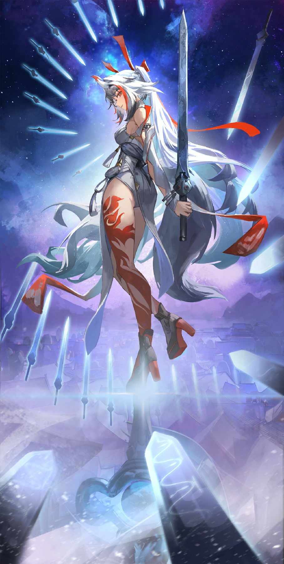 银发红纹女战士 剑雨星空间飒爽英姿