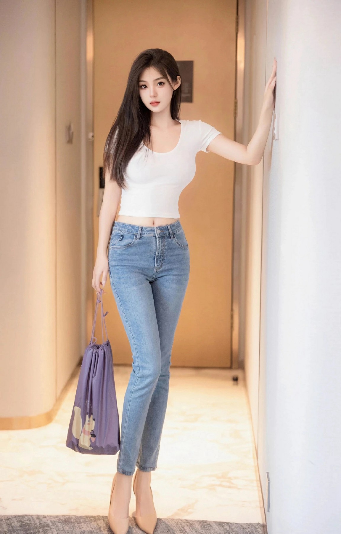 休闲日常出街穿搭 白T配牛仔裤清爽显身材