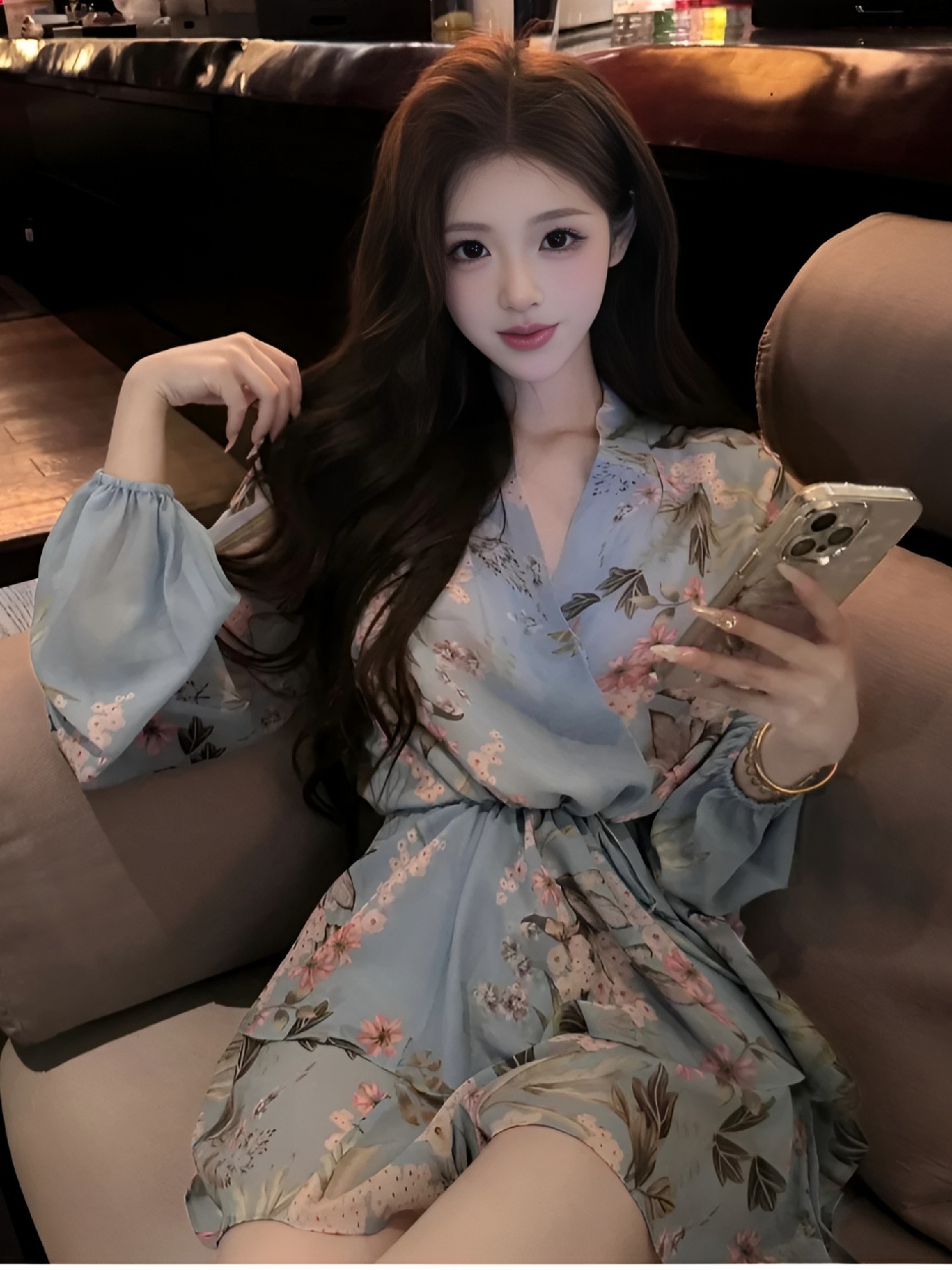 浅蓝色碎花连体裤，温柔氛围感穿搭