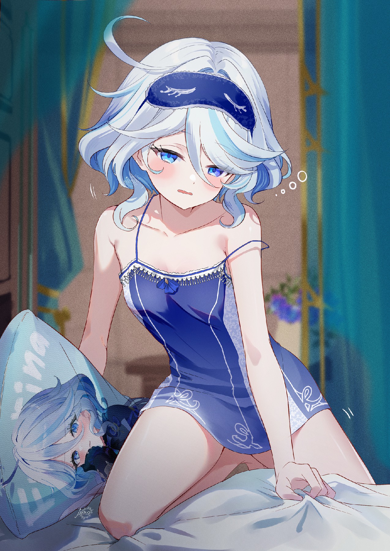 蓝发睡衣少女的慵懒卧室时刻