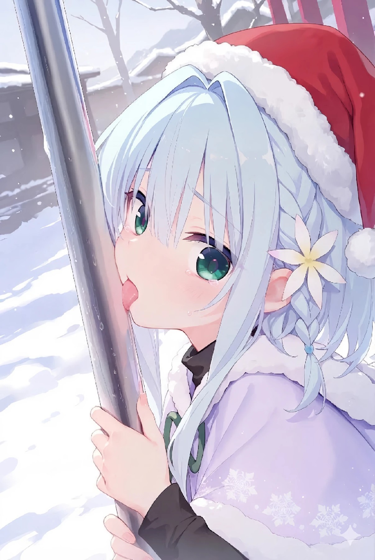 圣诞银发萌妹舔冰柱，冻得泪眼汪汪超软萌