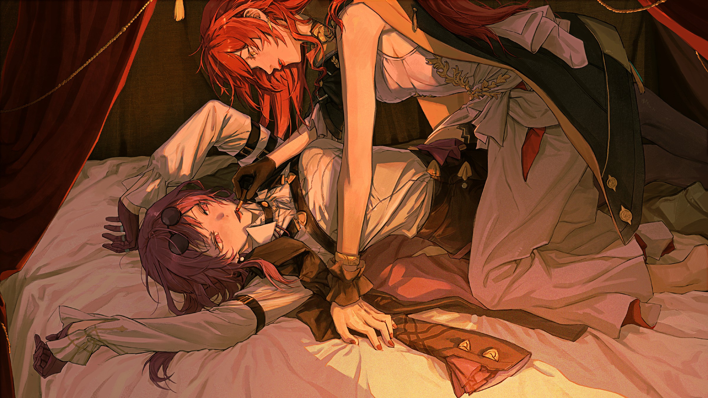 床上的奇幻角色互动瞬间