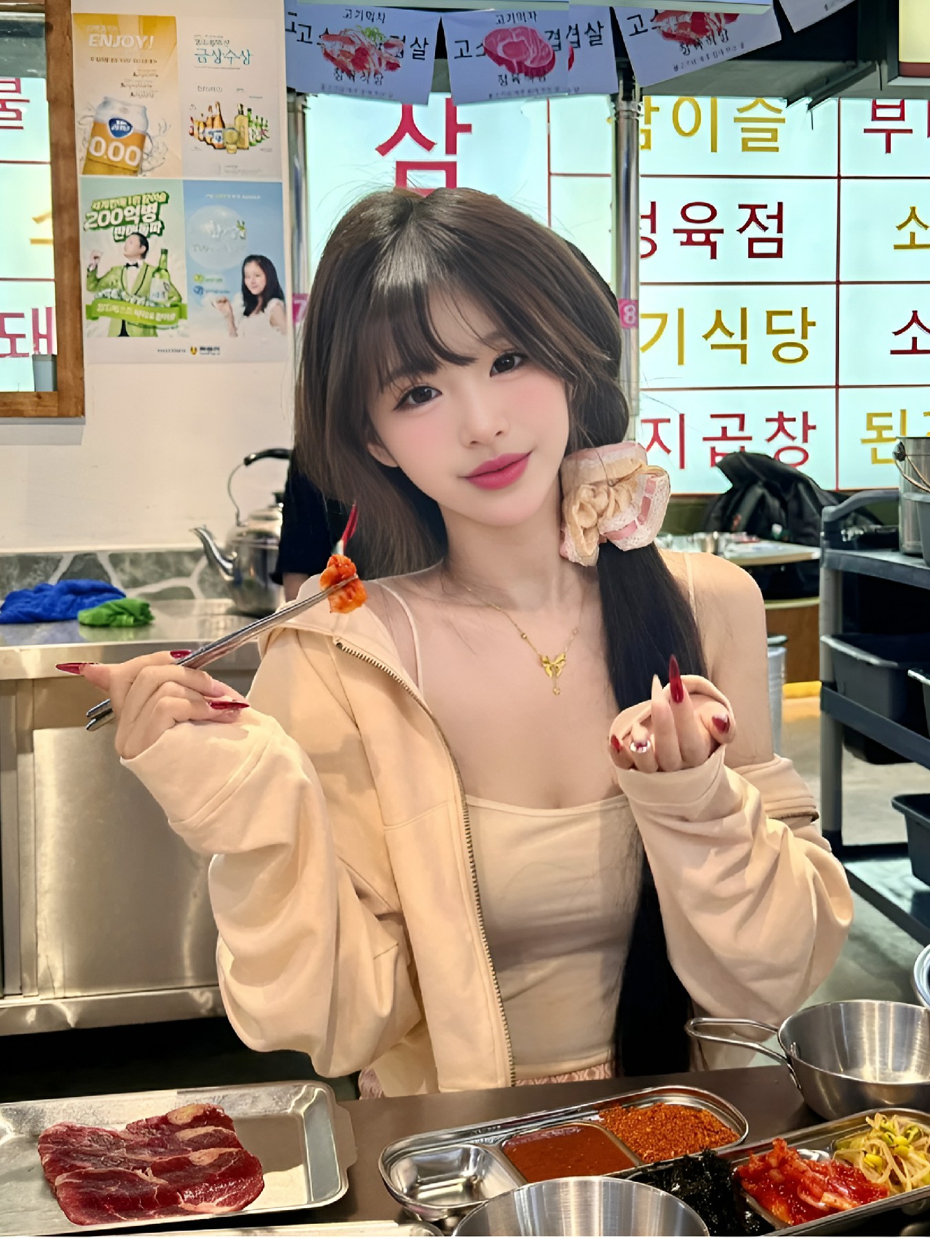 韩式烤肉店打卡｜温柔系穿搭吃播感拉满