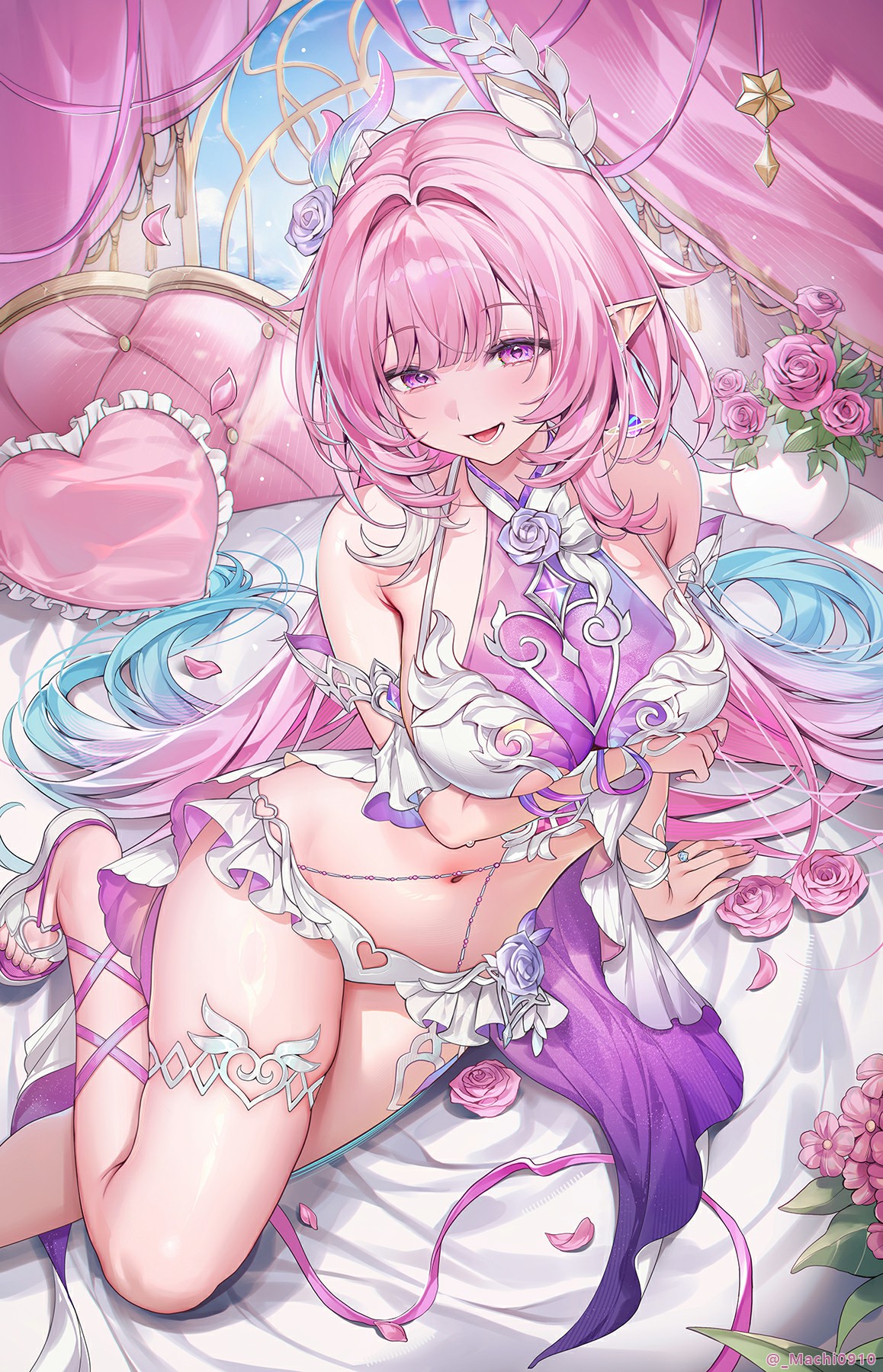 粉发精灵美少女的梦幻粉色卧室场景