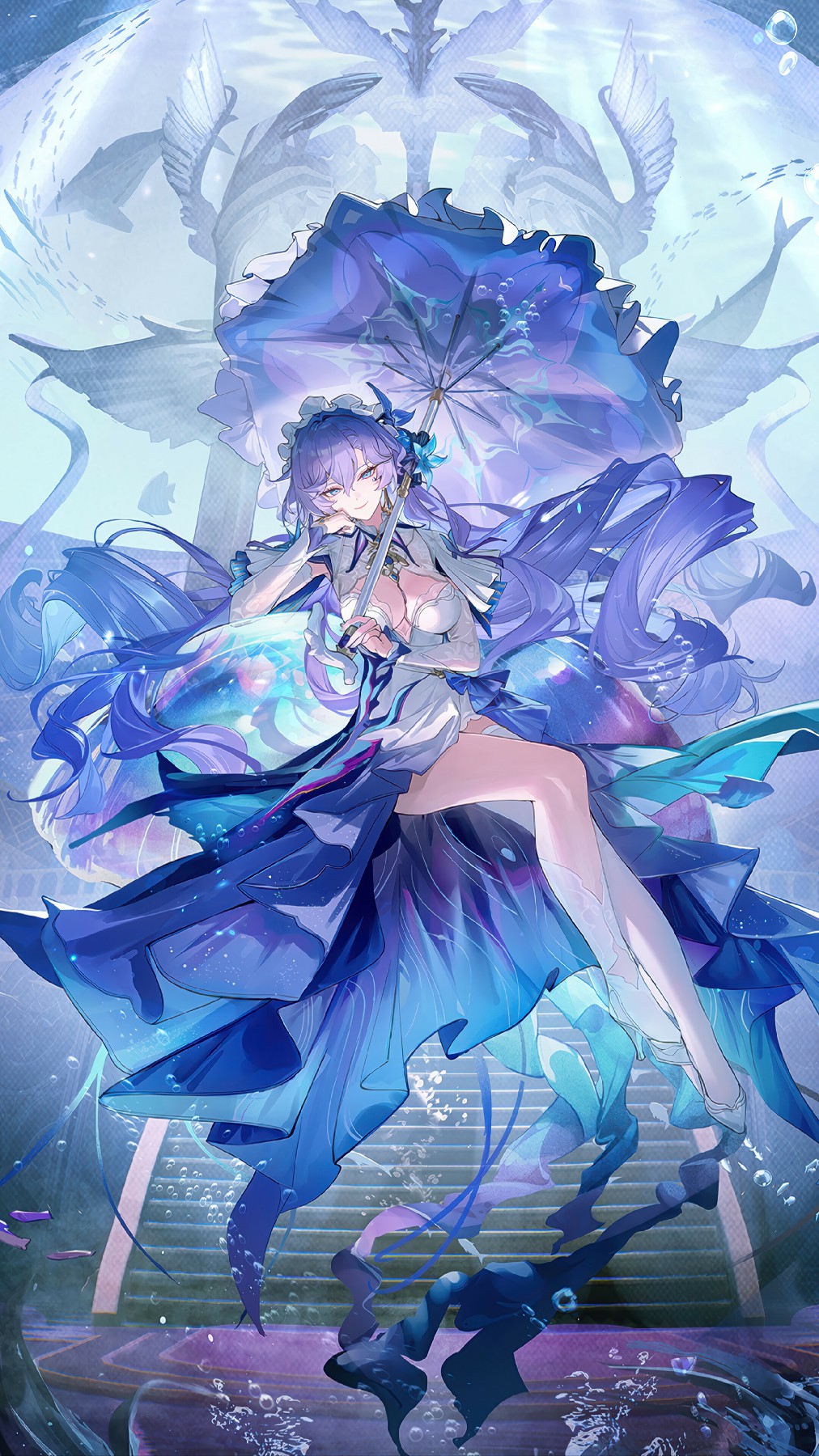 深海绮梦：持伞蓝发少女的梦幻绝美身姿