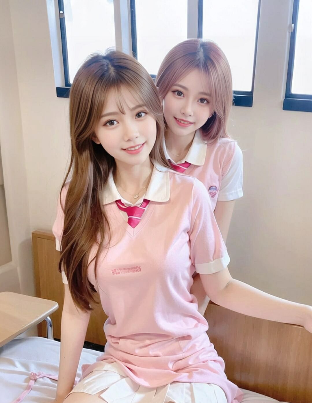 和闺蜜的粉系校服合影 甜度直接超标啦
