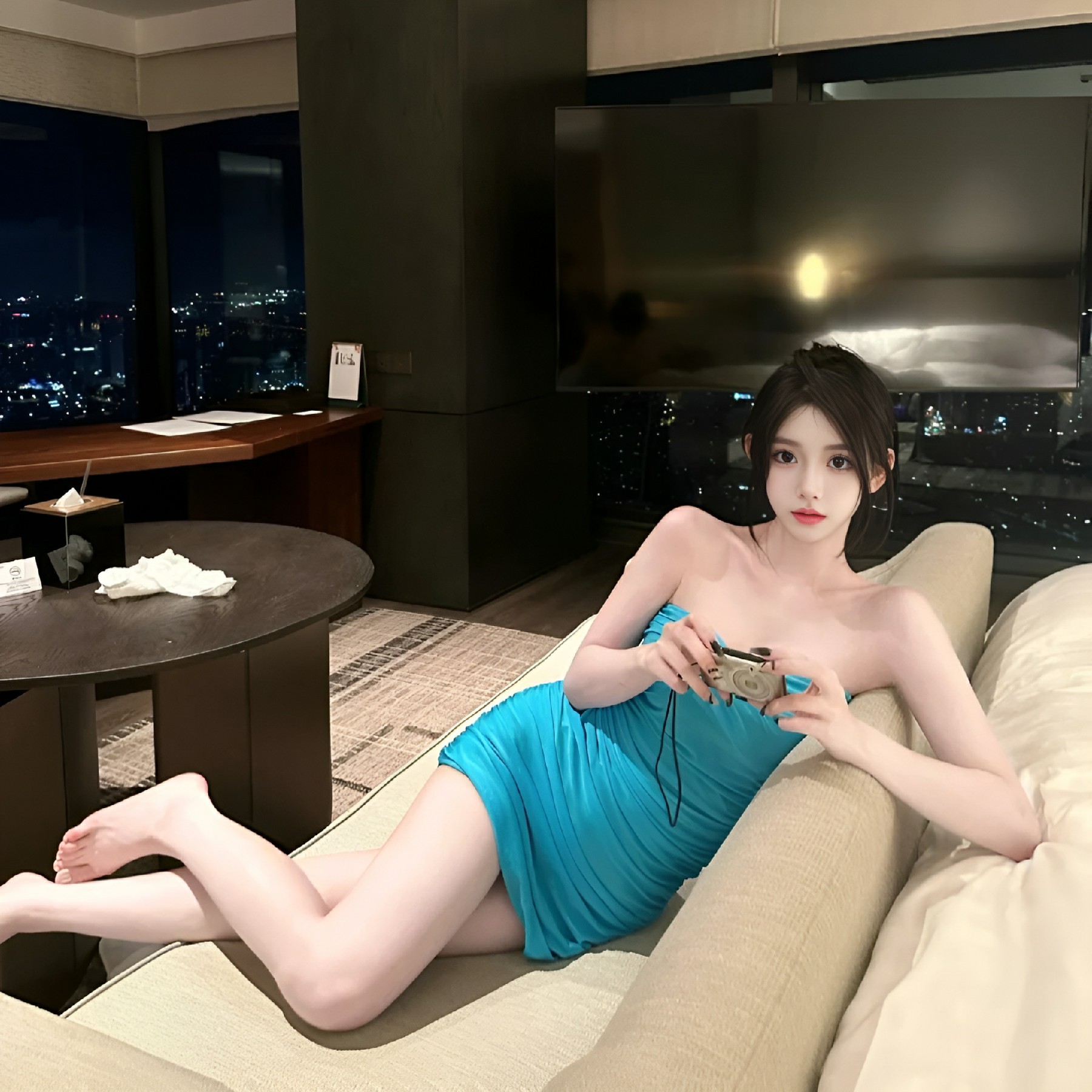 都市夜景蓝裙美人氛围感写真