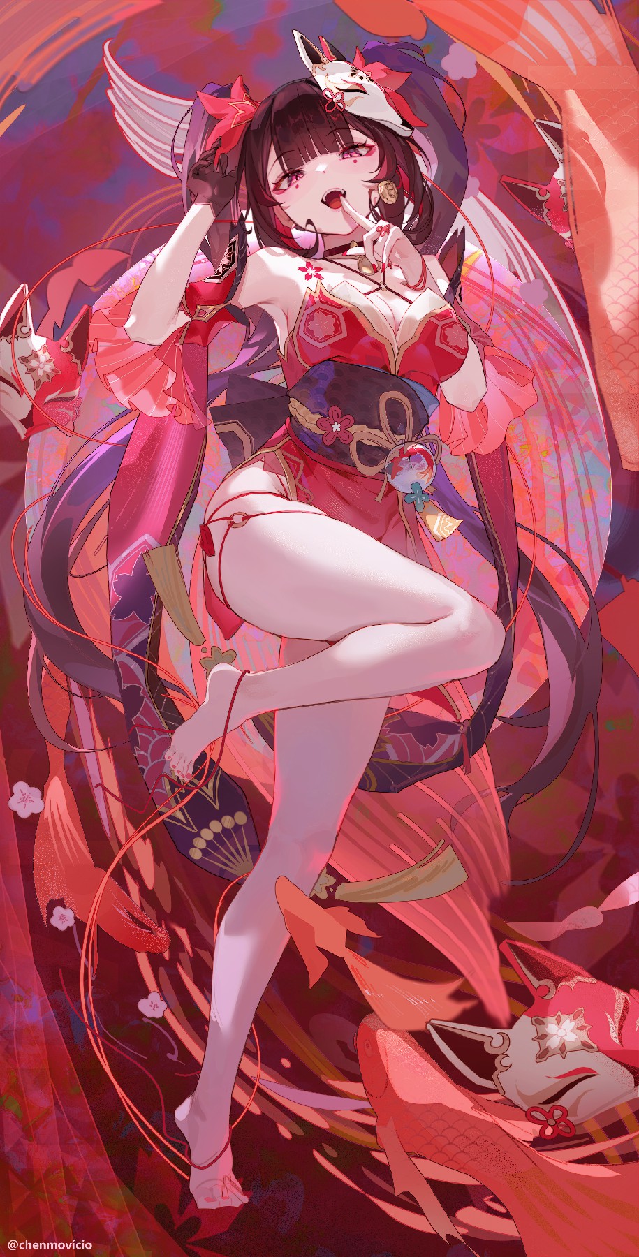 狐面锦鲤红妆少女·艳丽国风插画