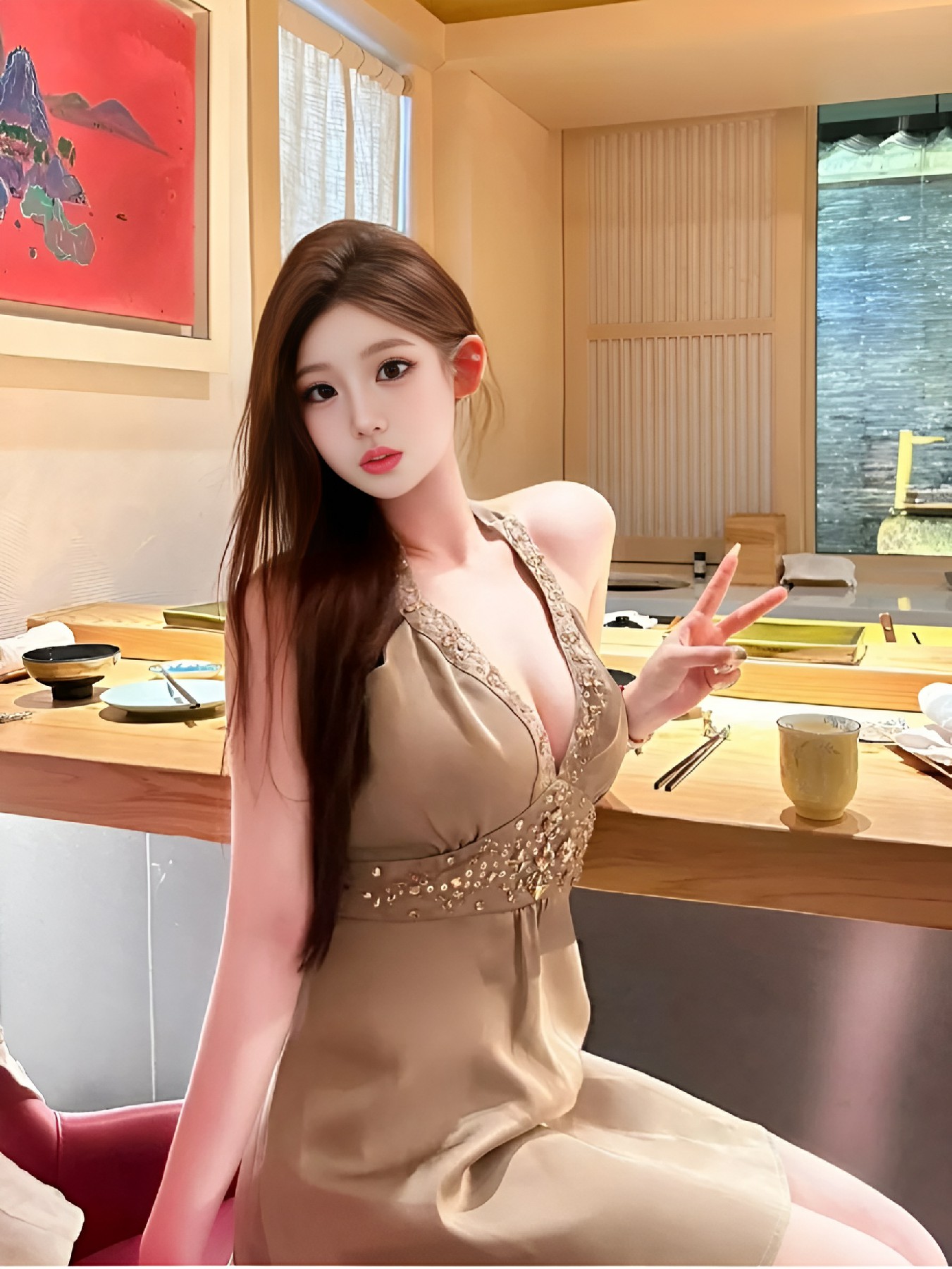 餐厅优雅时刻，深V礼服尽显魅力