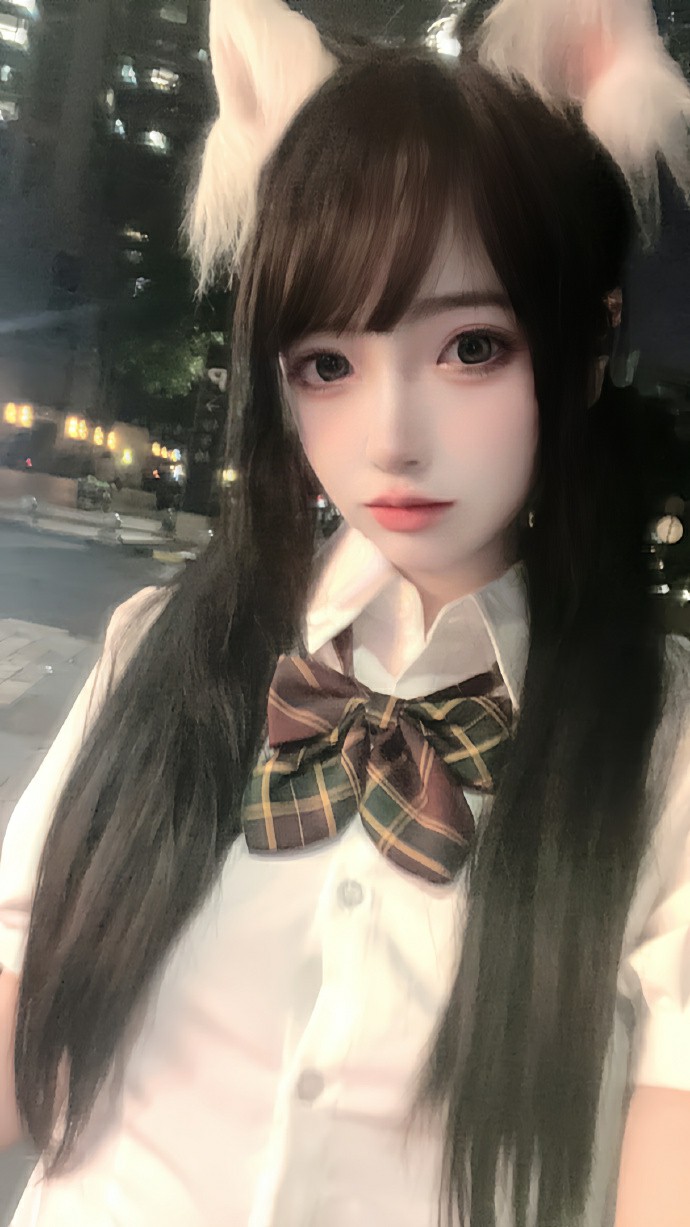 夜晚JK猫耳少女 格纹领结甜穿搭