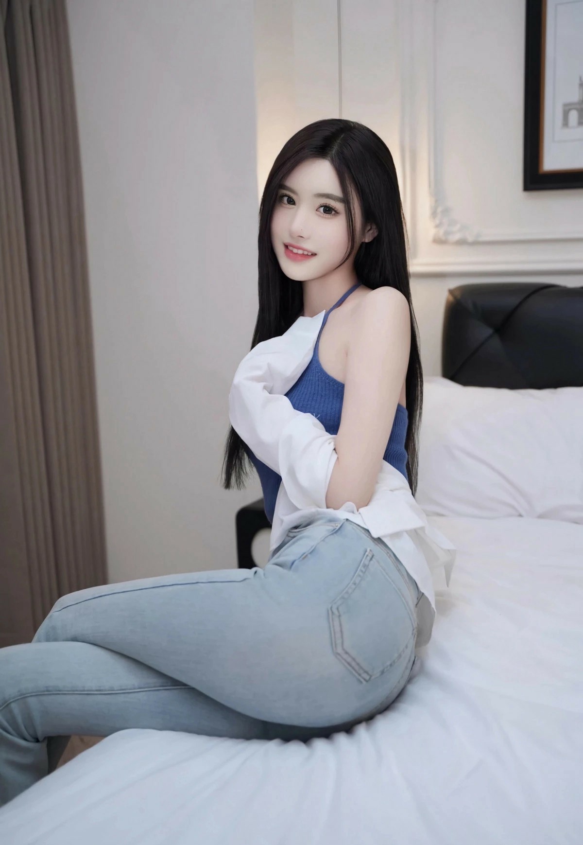 [长发清纯美女的卧室休闲日常穿搭写真]