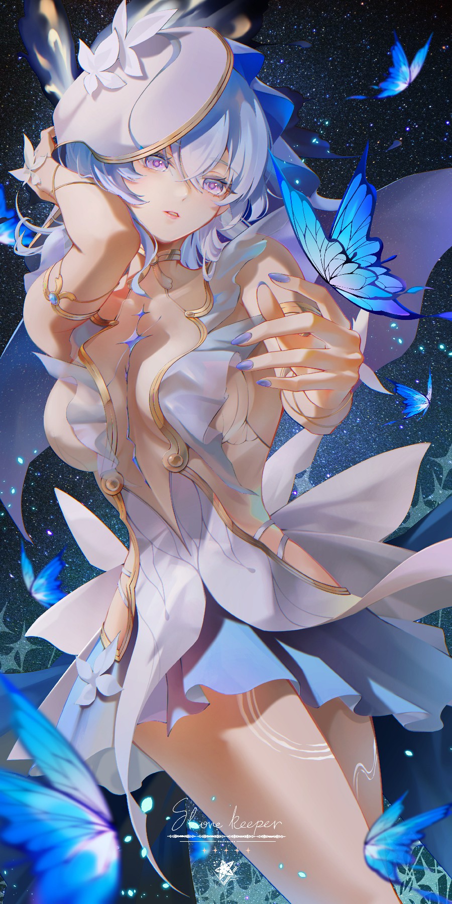 蓝蝶萦绕的银发少女，星空梦幻插画