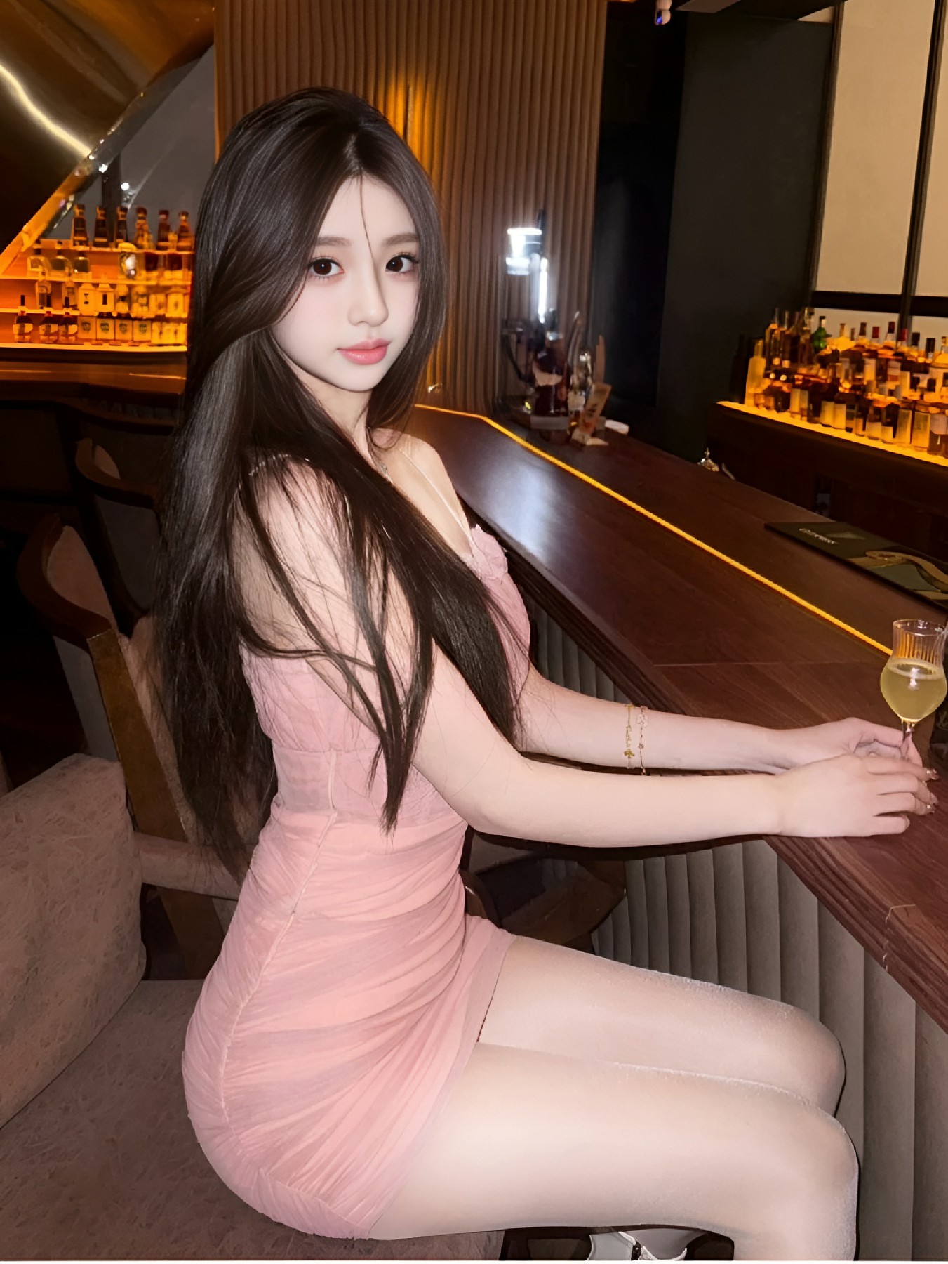 粉色紧身裙酒吧照，甜酷氛围感拉满