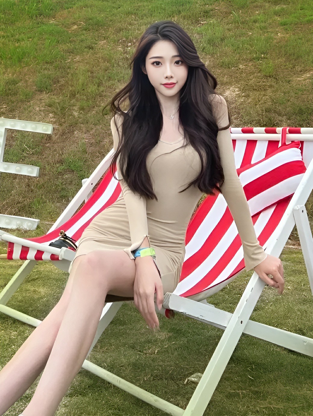 浅棕紧身裙+草地躺椅，氛围感穿搭绝了