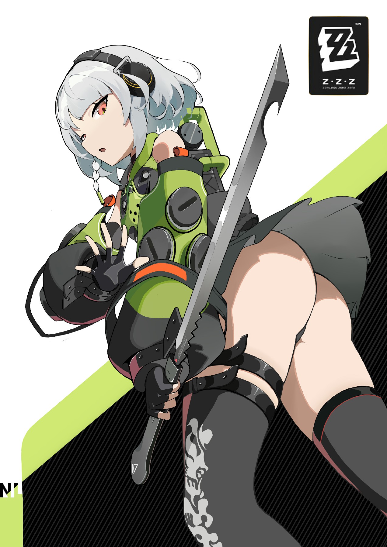 绝区零绿甲银发少女，持刃尽显飒爽姿态