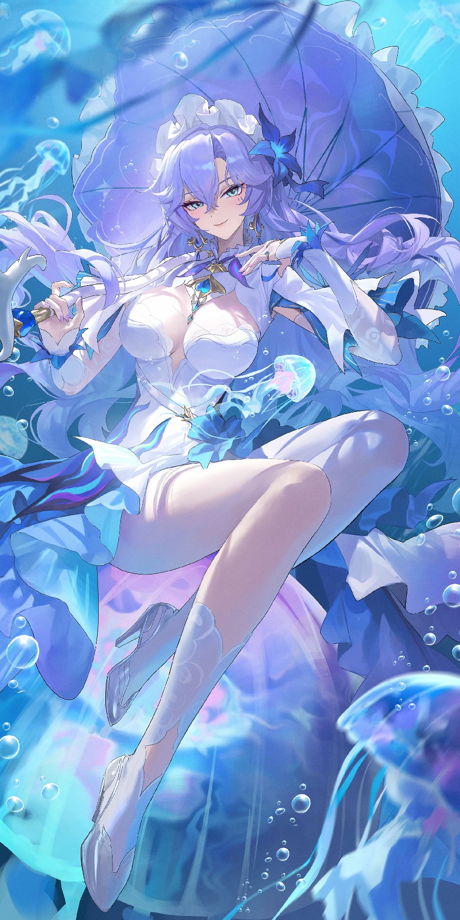 水下水母环绕的紫发优雅美少女