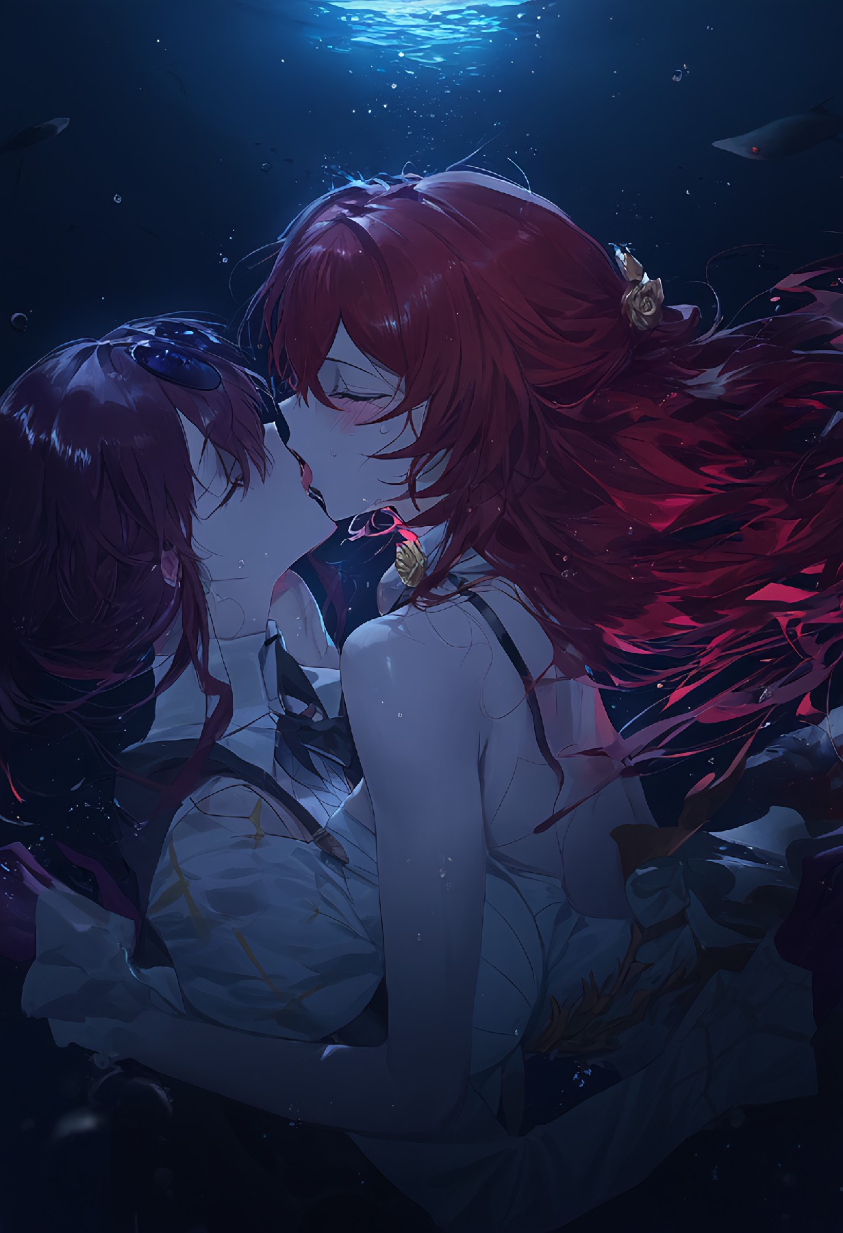蓝红交织的水下 二次元深情拥吻瞬间