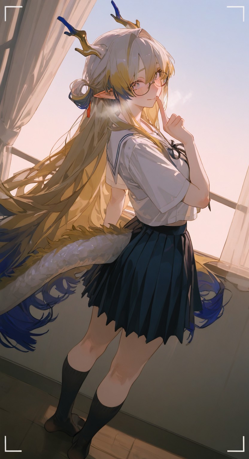 窗边龙角JK少女，温柔氛围感直接拉满