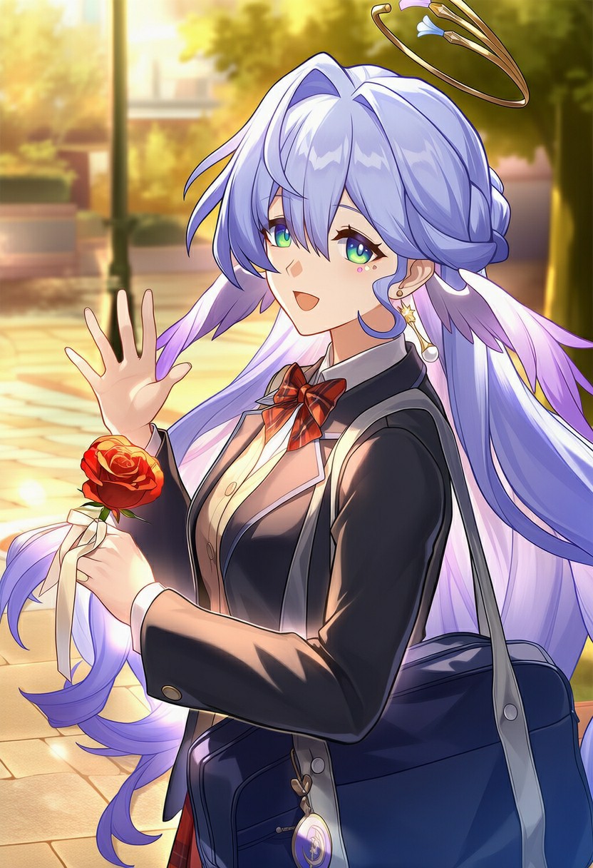 蓝发校服少女持玫瑰的浪漫瞬间