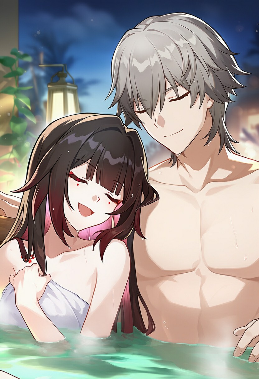 星穹铁道开拓者与花火的温泉休闲时刻