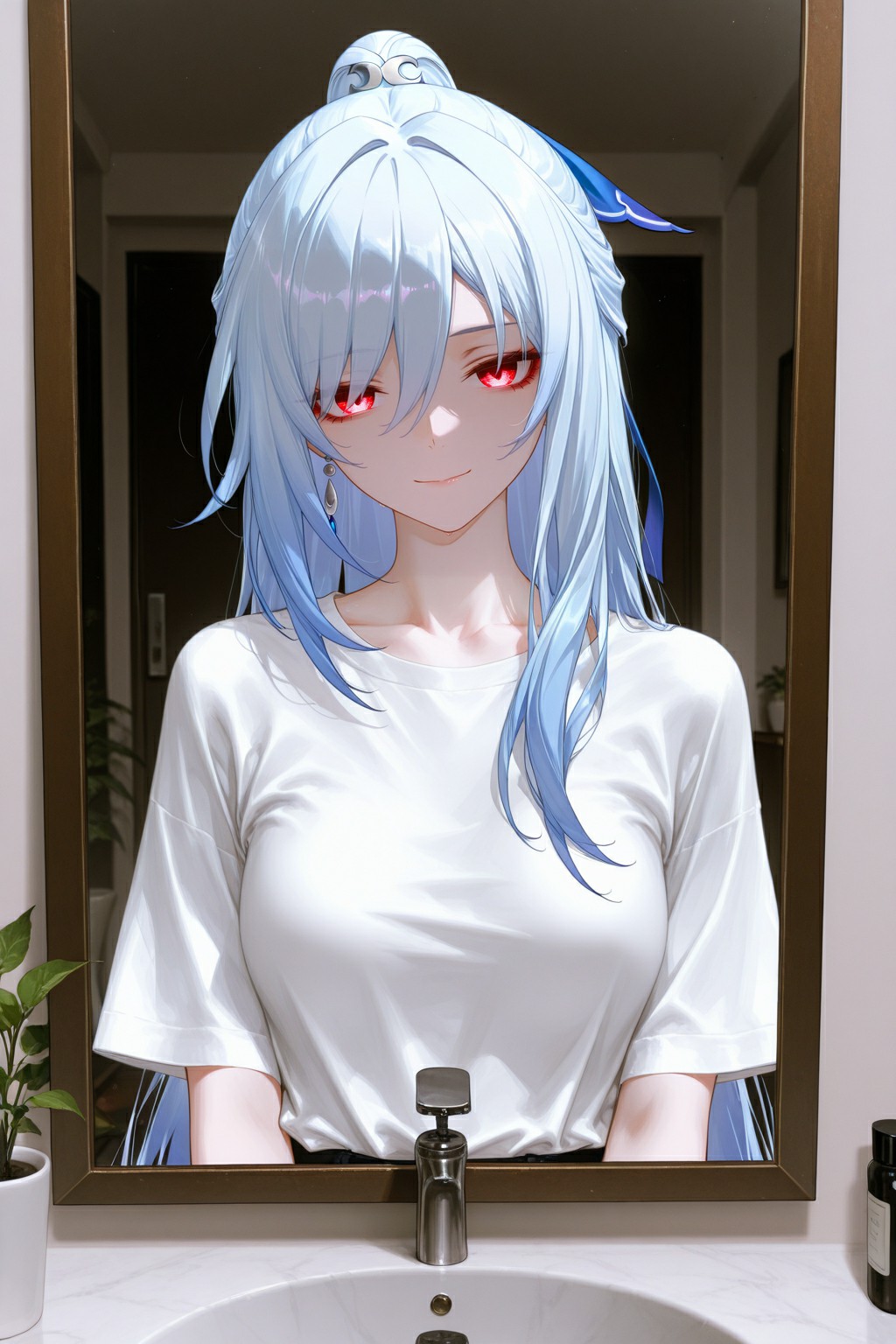 镜前蓝发红眼美少女的清新日常