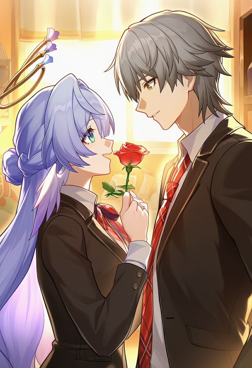 玫瑰心动瞬间：蓝发少女与西装学长的浪漫