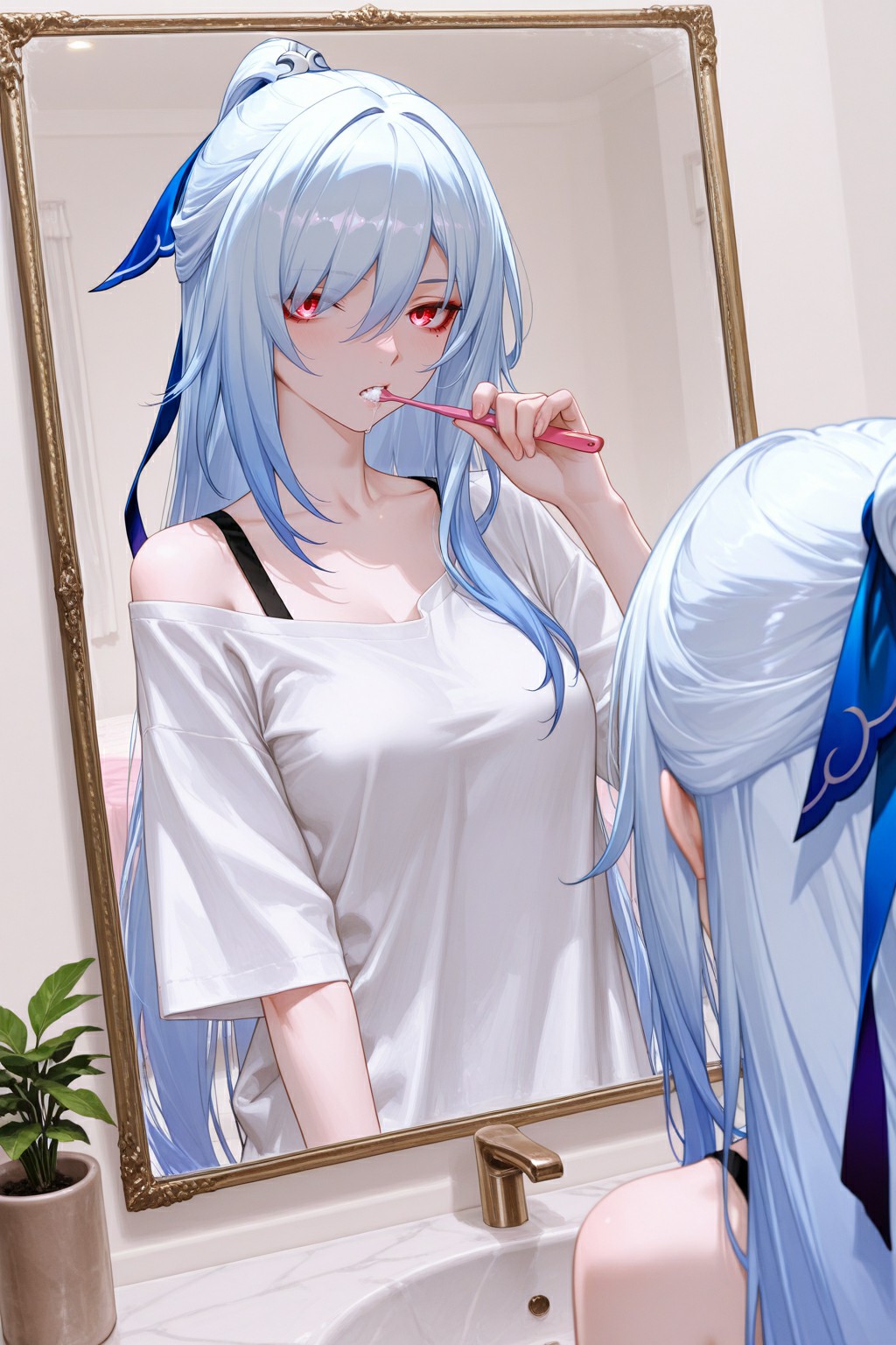 二次元蓝发少女的清晨刷牙日常