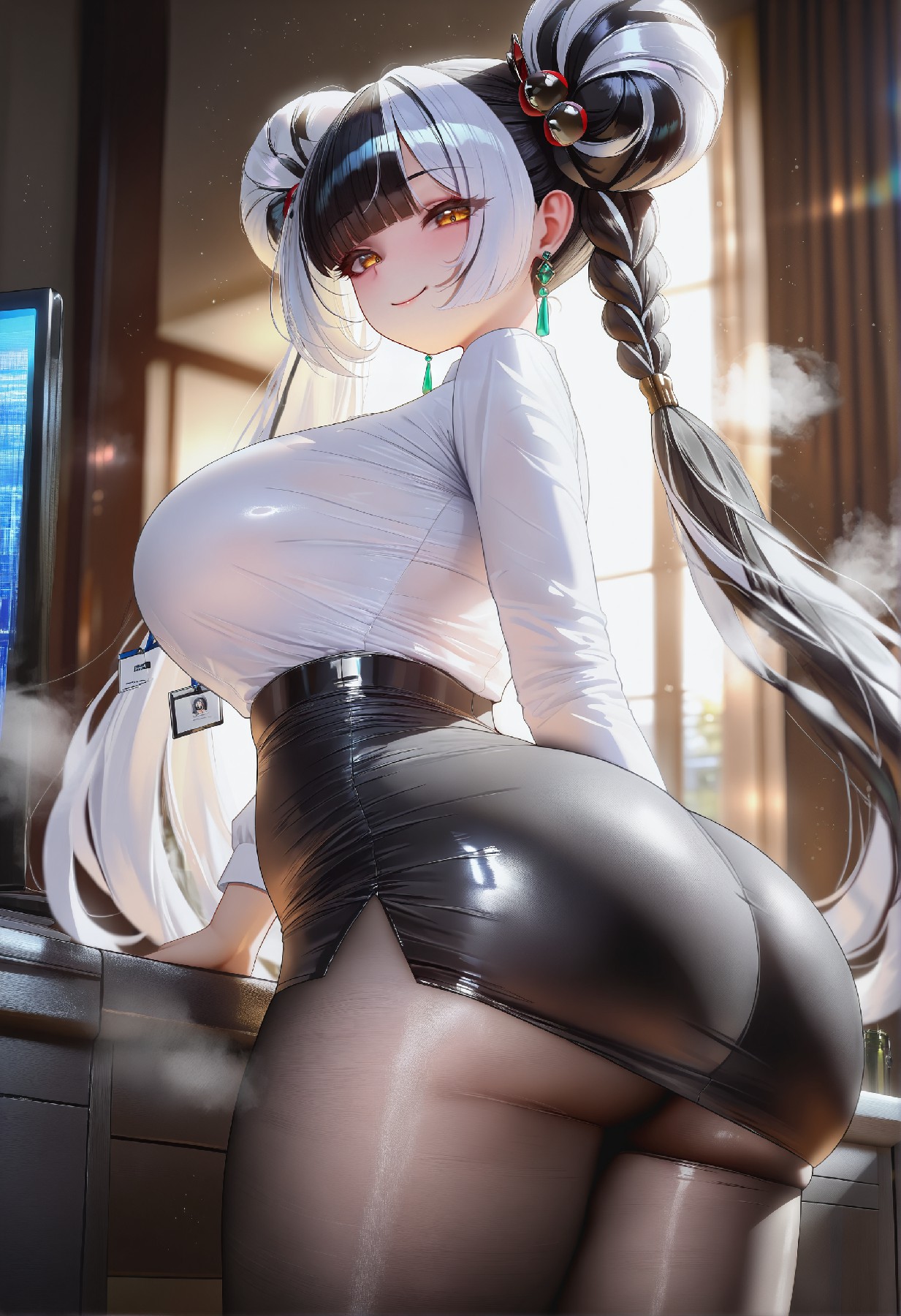 银发双髻OL风少女，职场穿搭超吸睛