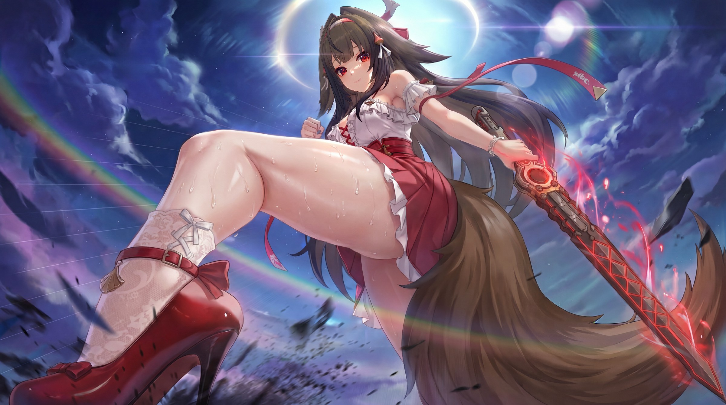 月夜飒爽狼耳少女,持赤红战剑尽显锋芒