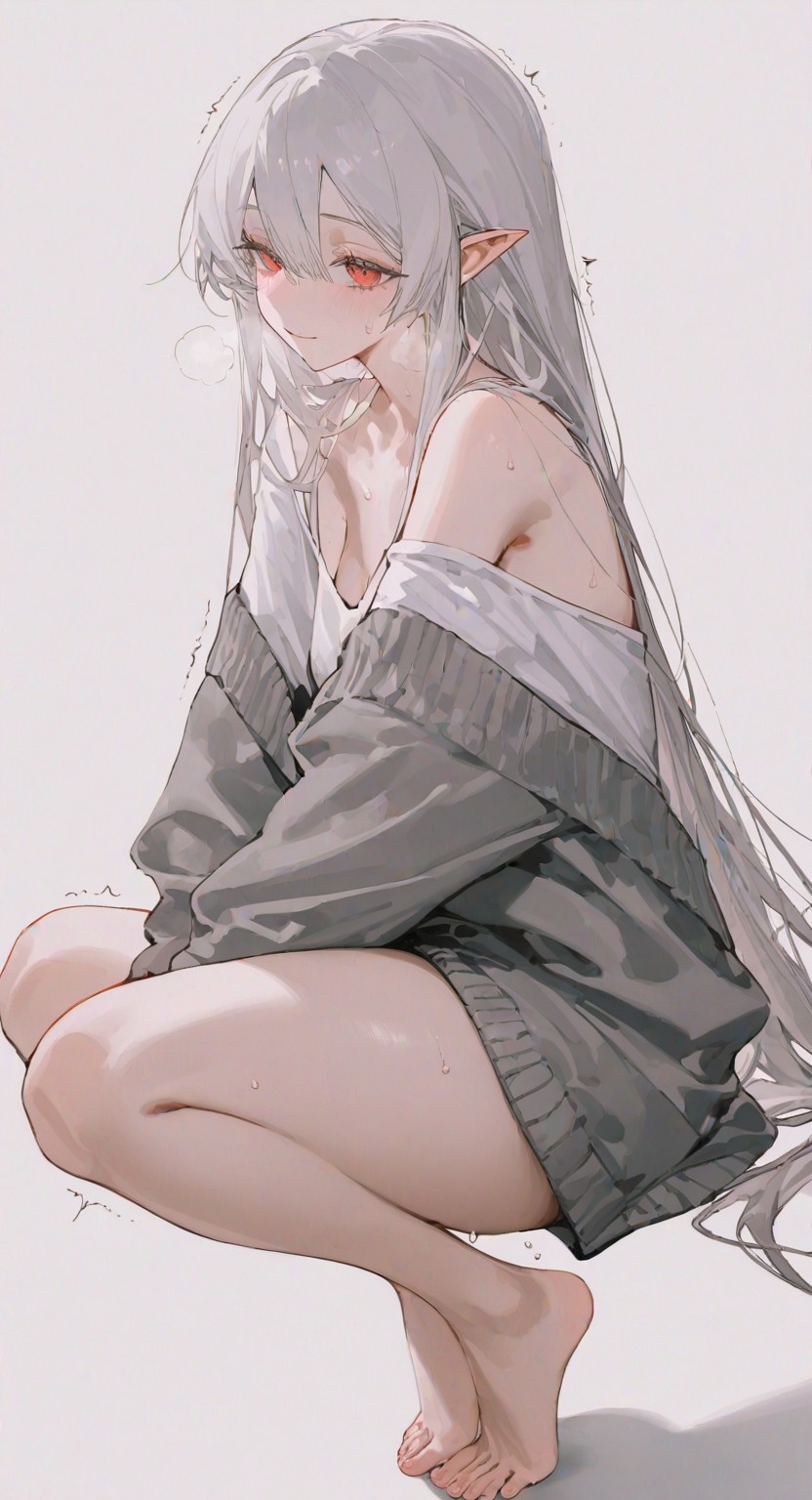 银发红瞳精灵耳少女的慵懒瞬间