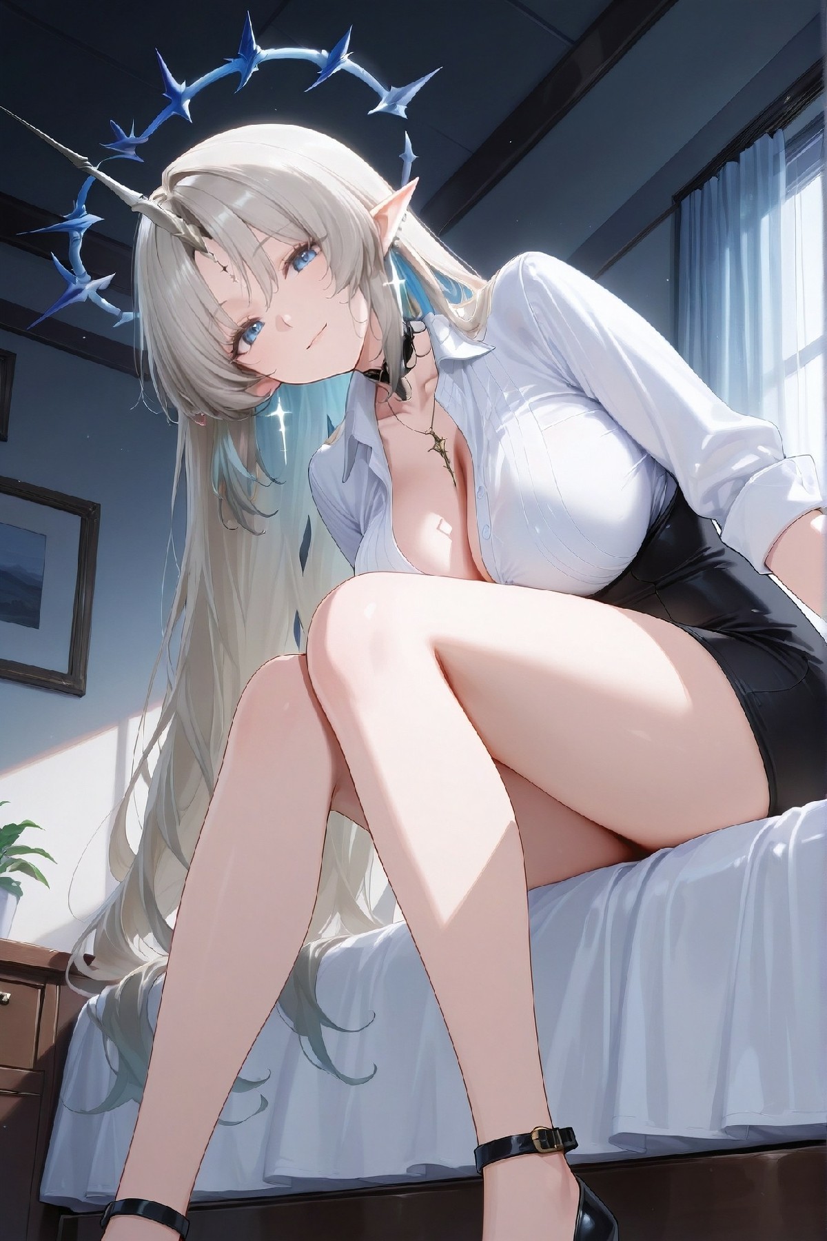 银发精灵职场风！荆棘光环配性感白衬衫