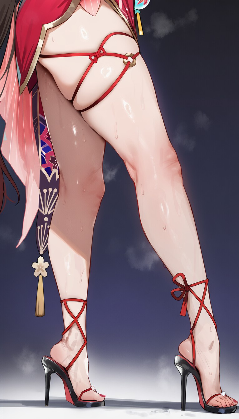 红系绑带高跟：湿润肌肤的动漫性感造型