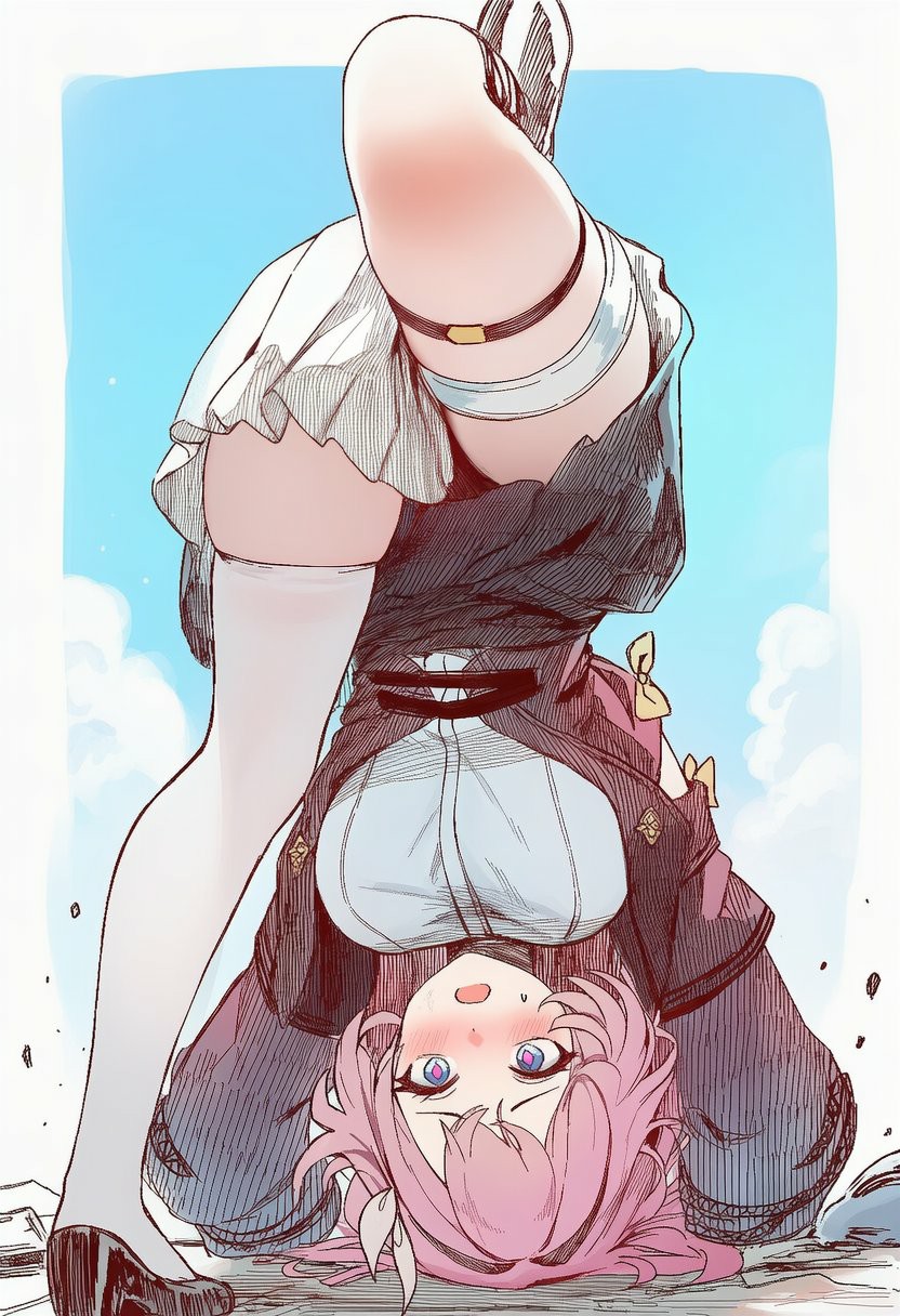 粉发少女倒立美态，俏皮活力拉满