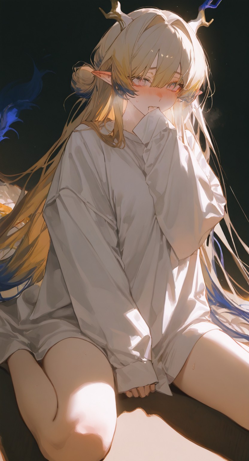 暖光笼罩下羞赧垂首的龙角尖耳少女