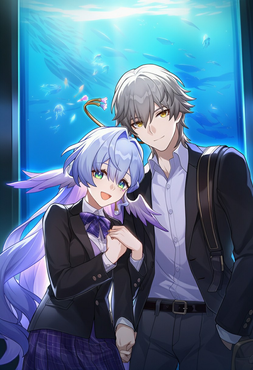 蓝调水族馆中的动漫情侣心动瞬间