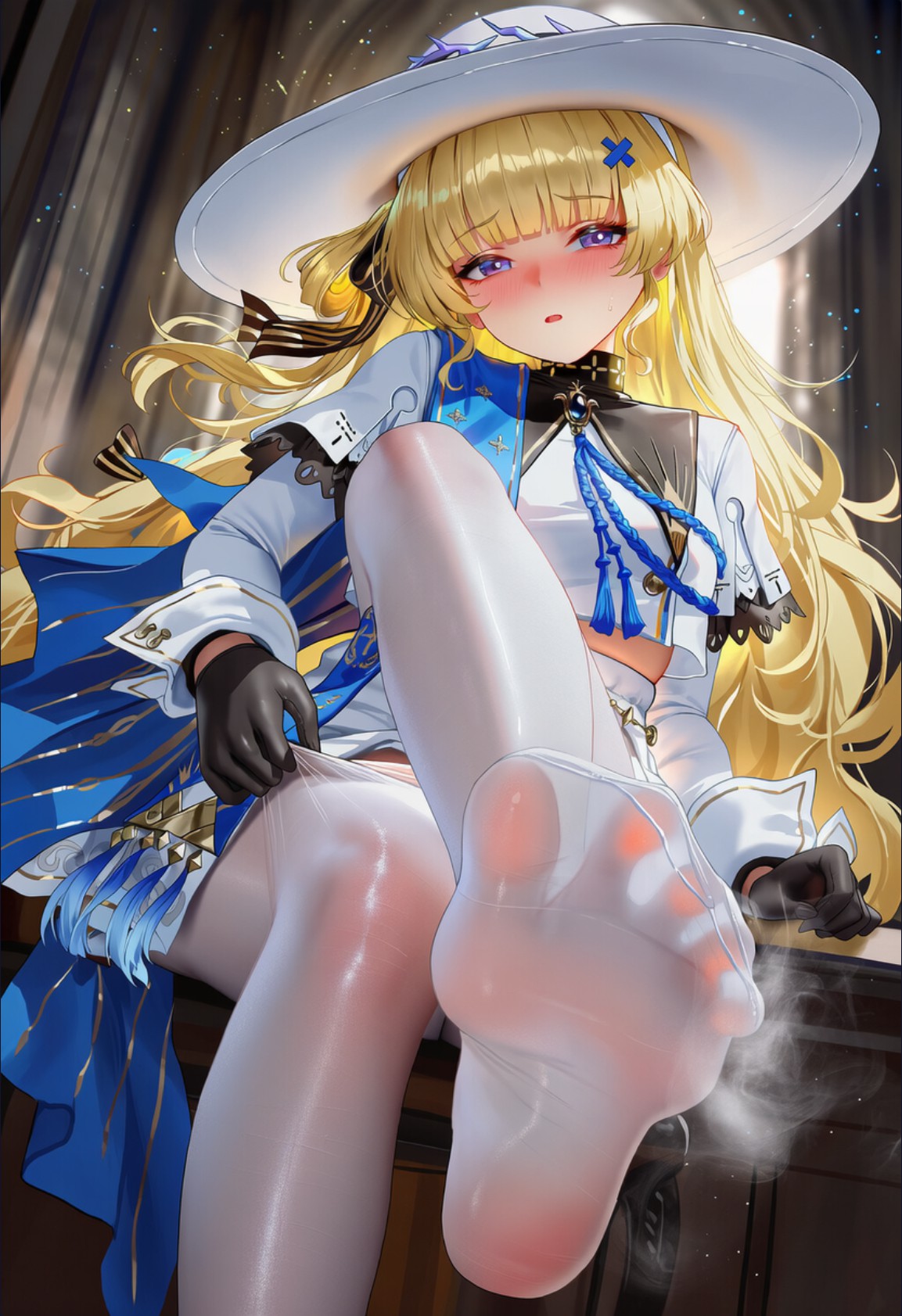 害羞金发少女的白丝脚部特写