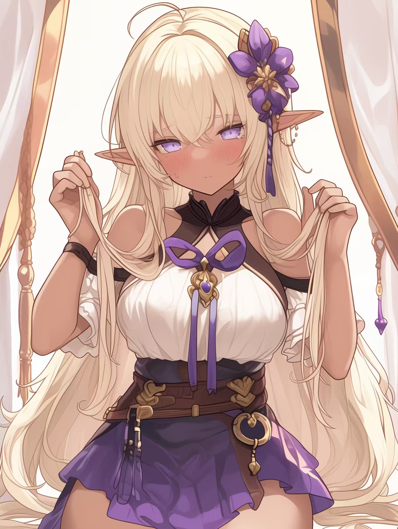 金发紫花精灵少女的精致造型时刻