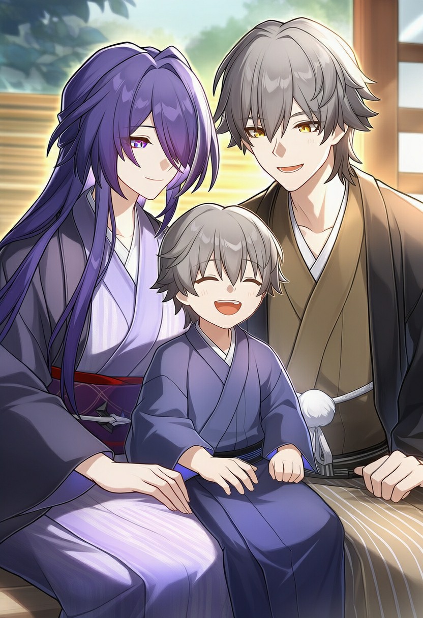 和服一家三口的温馨二次元时光