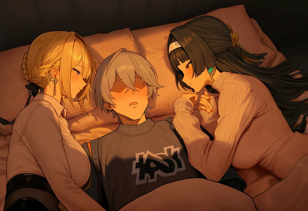 三人温馨躺卧的美好瞬间