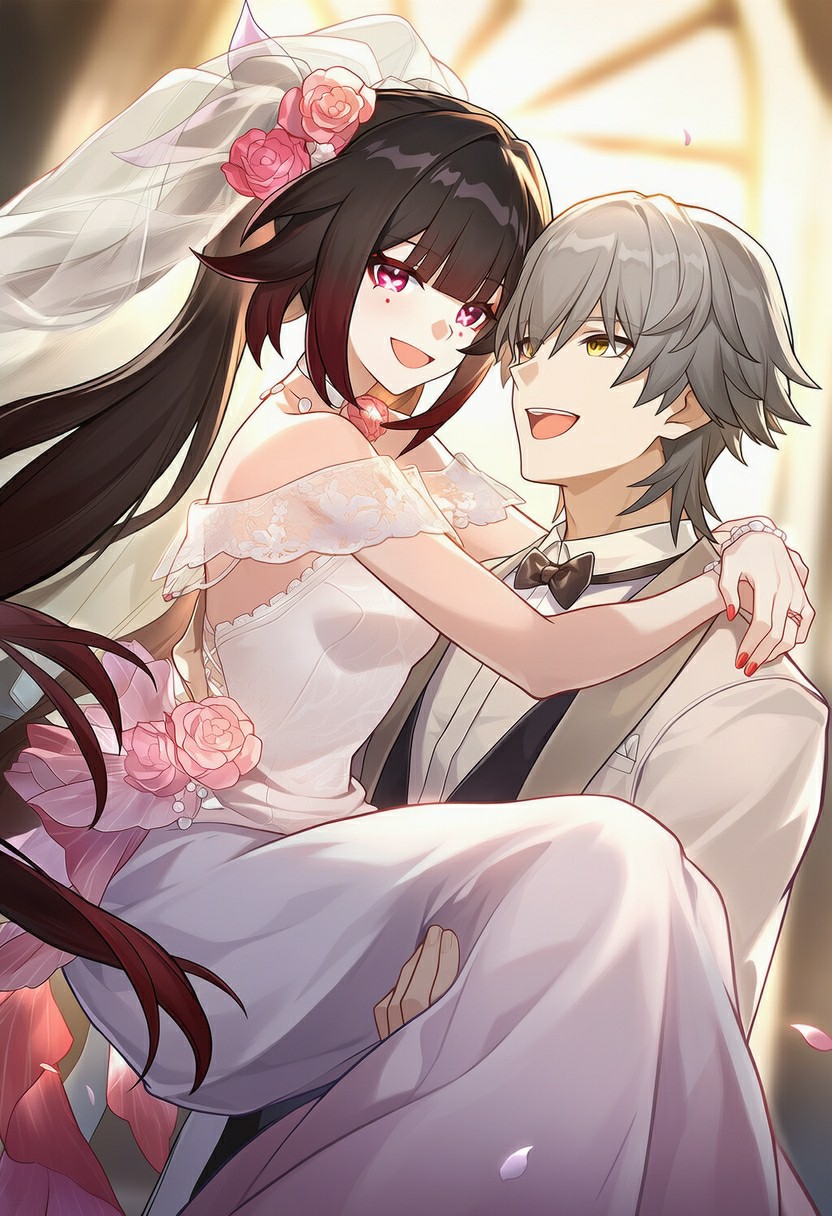 二次元婚礼:新人甜蜜相拥的浪漫时刻