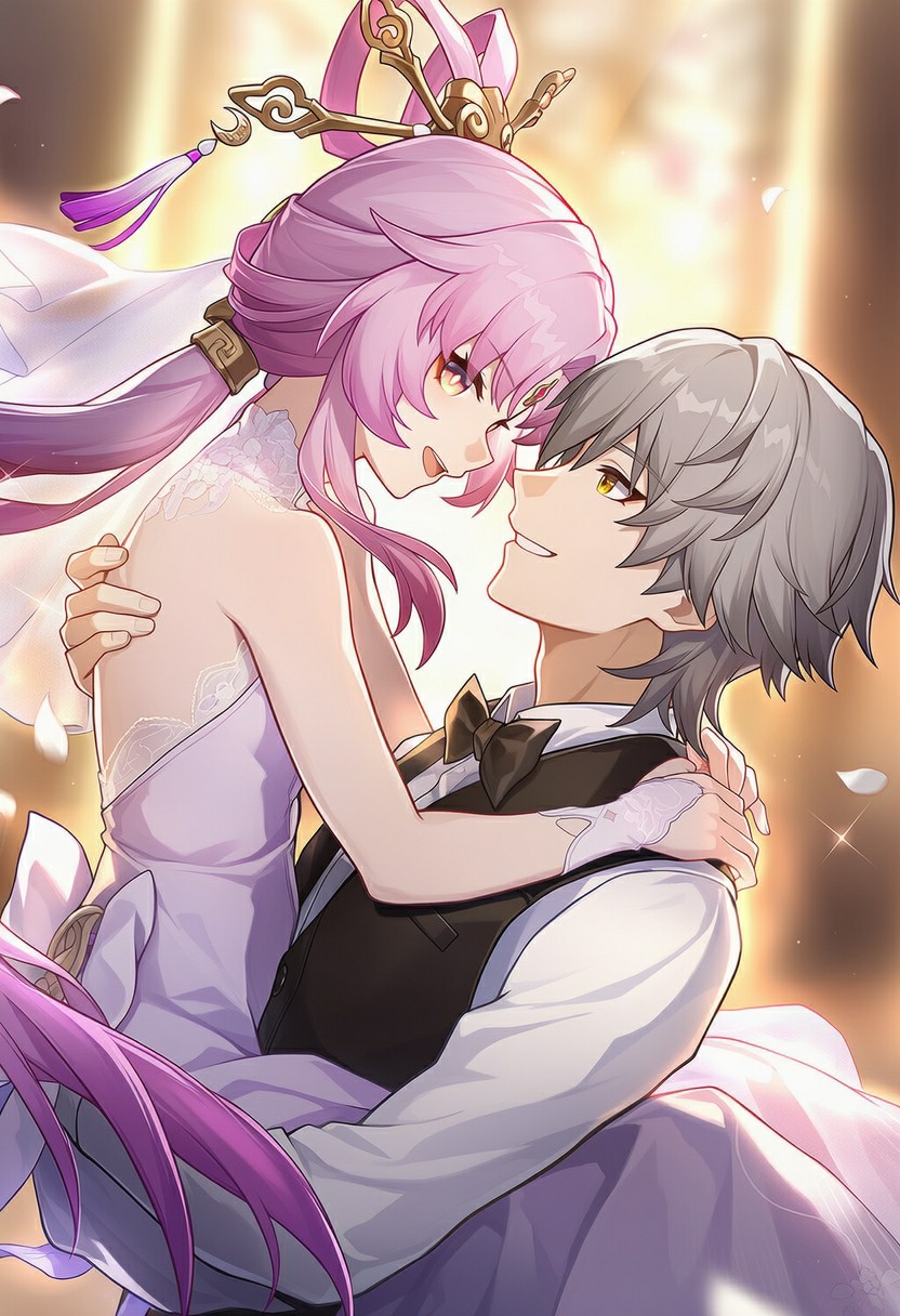 粉发佳人与灰发少年的浪漫相拥时刻