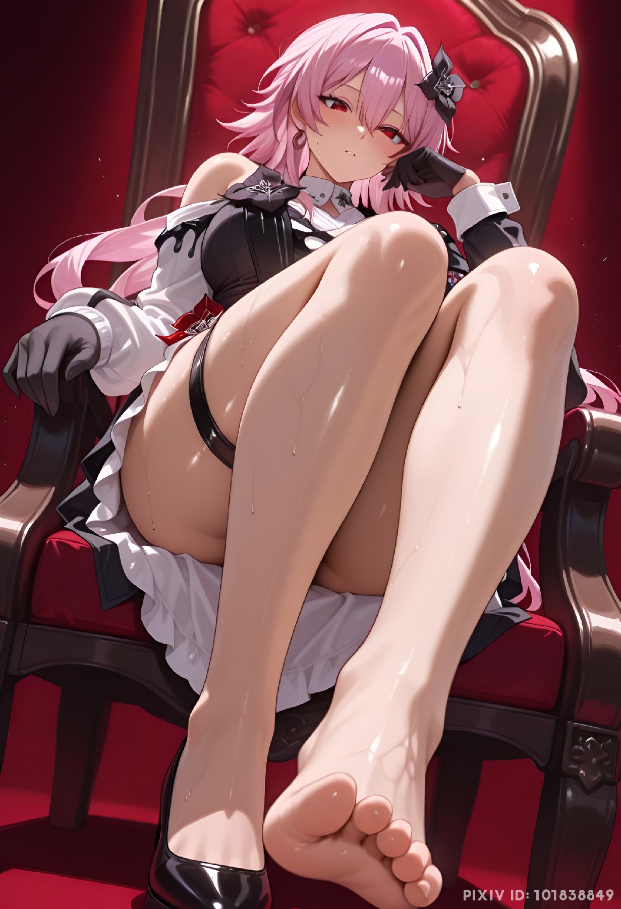 粉发御姐红椅慵懒,美腿吸睛