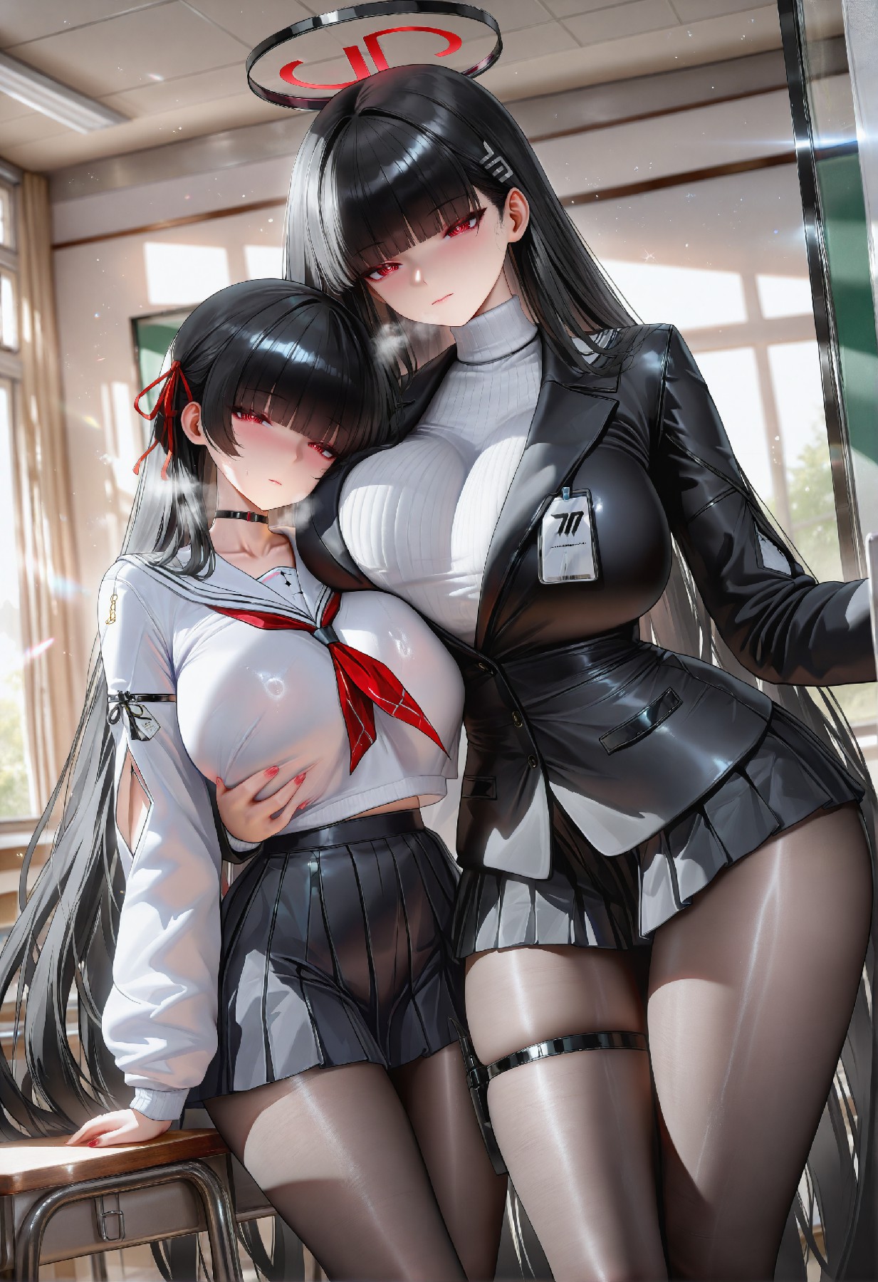 黑发红眸绝美姐妹花 教室慵懒氛围感拉满